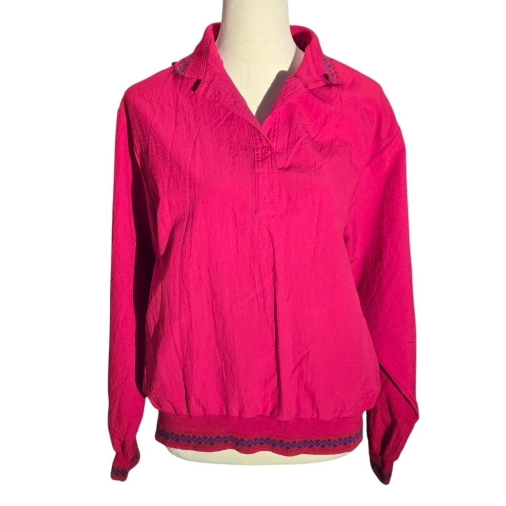 BonWorth Fuchsia Pullover Blouse Women’s L/XL – Purple Embroidery Collar & Hem